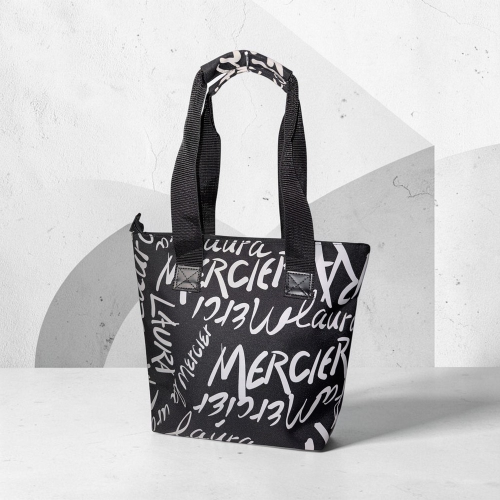 Laura Mercier Black White Logo Canvas Tote Bag Signature Print Zip Pocket